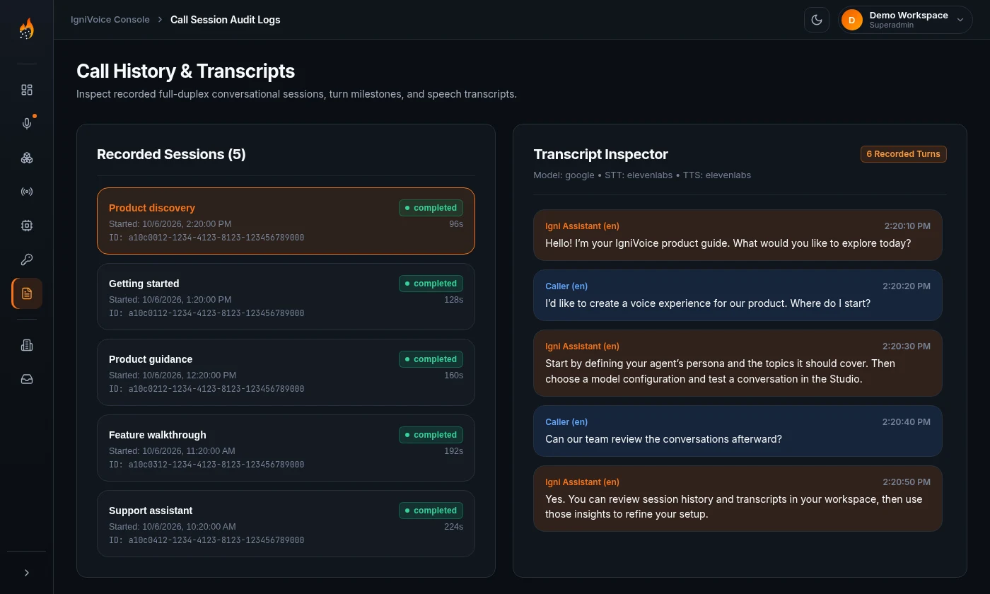 IgniVoice call history and a synthetic product guidance transcript