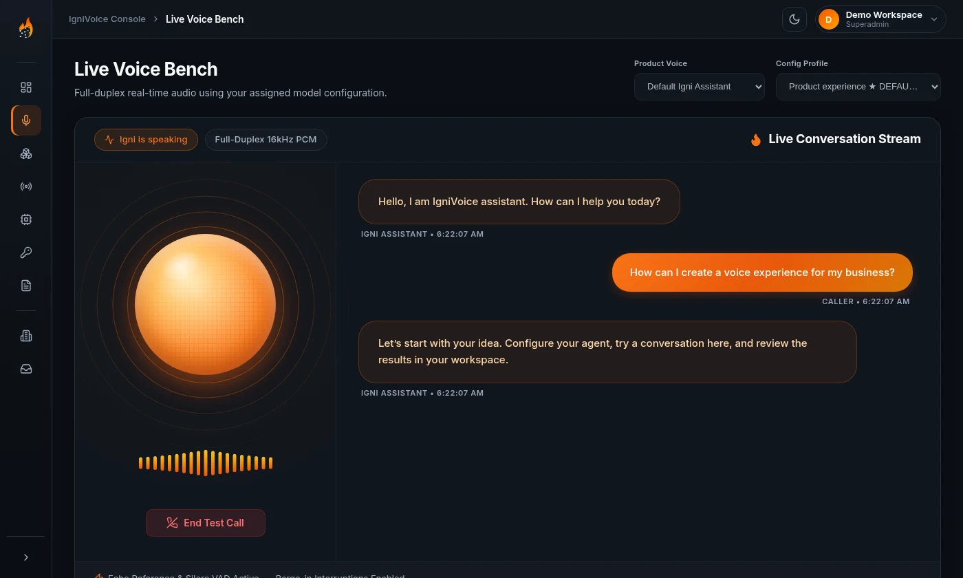 The actual IgniVoice Studio interface, ready to test a voice experience